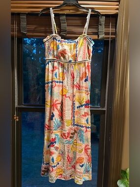 Blu Pepper Cream Tropical Print Midi Sundress with Multicolor Accents